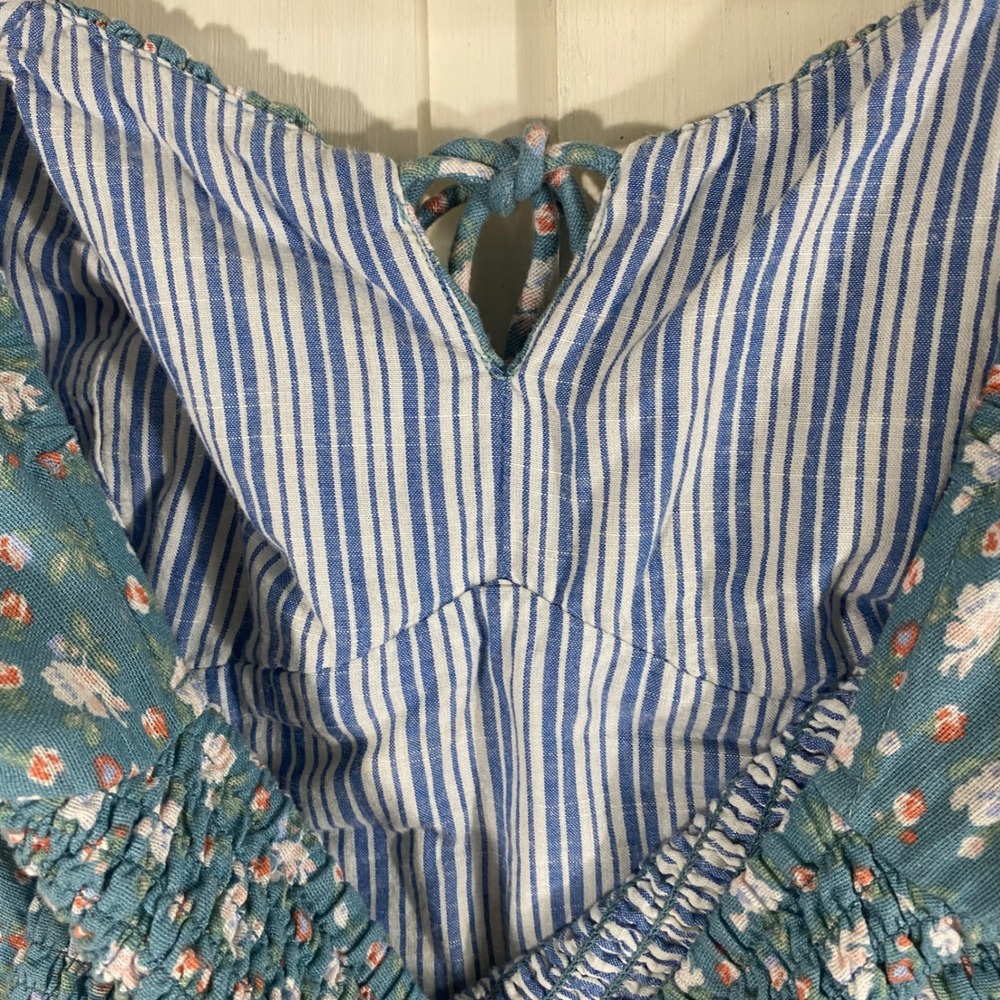 Laura Ashley x Lucky Brand Blue Floral Smocked Crop Top Cottagecore Boho XS - Picture 9 of 11
